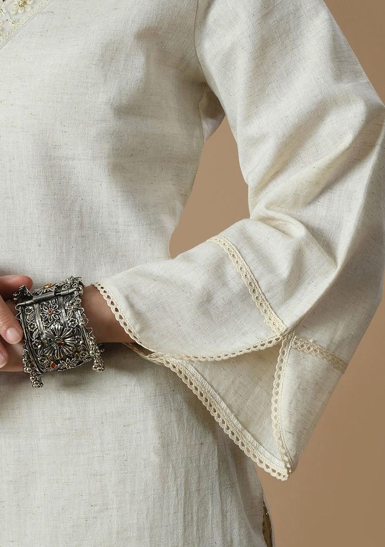 Cream Embroidered Blended Kurta Set - Indya
