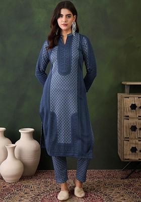 Blue Woven Design Blended Kurta Set