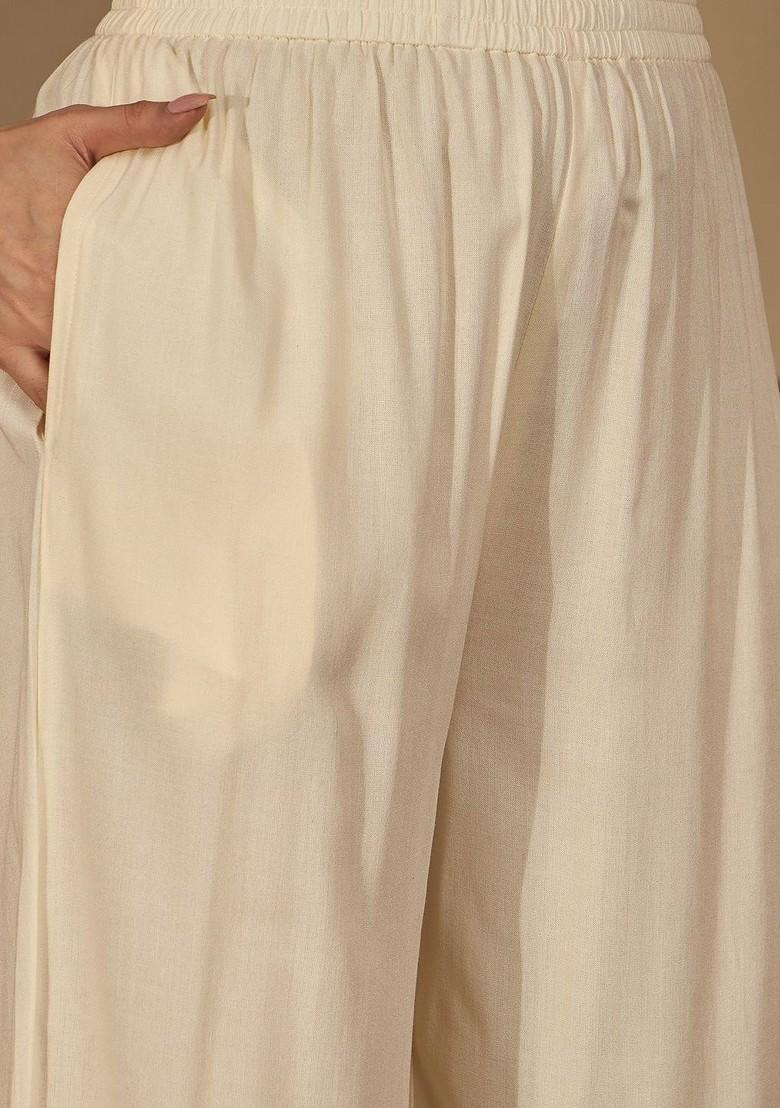 Off White Printed Blended Kurta Set - Indya