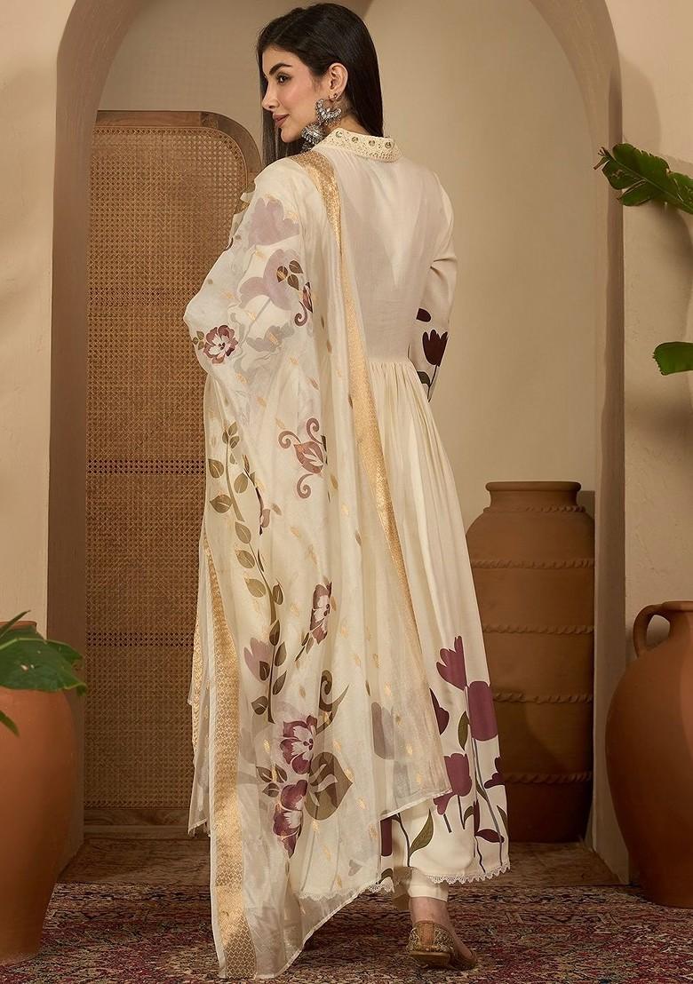 Off White Printed Blended Kurta Set - Indya