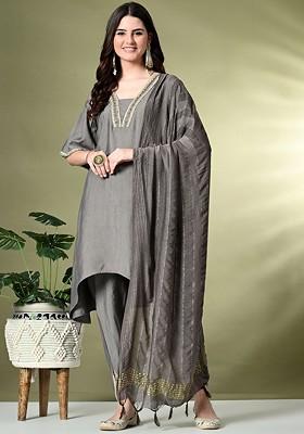 Grey Yoke Design Blended Kurta Set