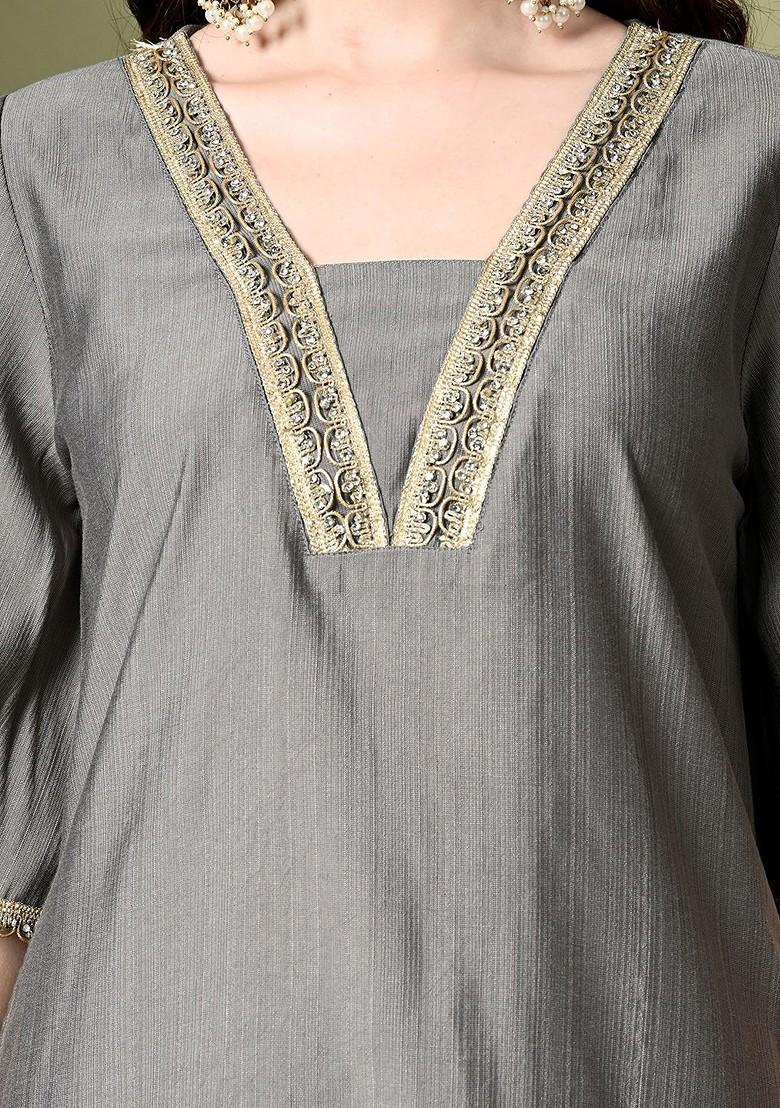 Grey Yoke Design Blended Kurta Set - Indya