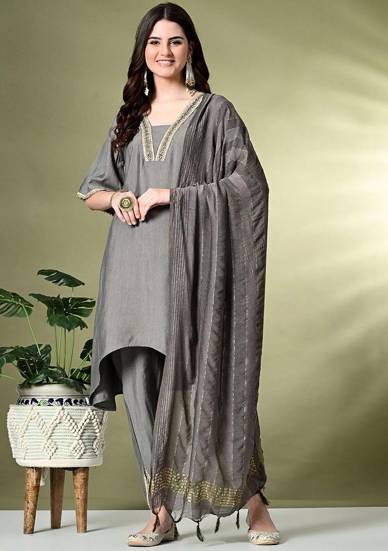 Grey Yoke Design Blended Kurta Set - Indya