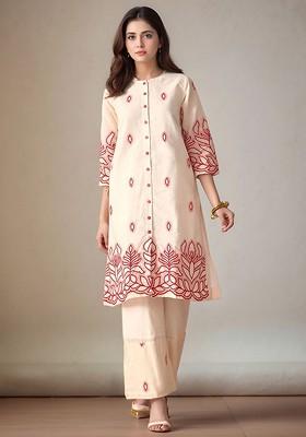 Off White Embroidered Blended Kurta Set