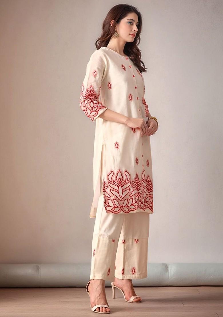 Off White Embroidered Blended Kurta Set - Indya