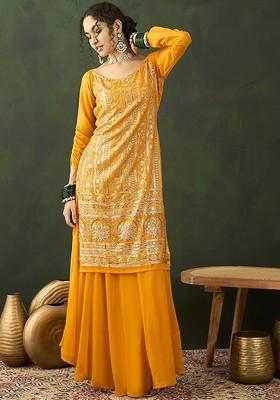 Yellow Embroidered Blended Kurta Set