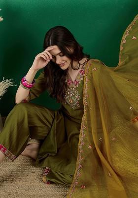 Olive Embroidered Blended Kurta Set