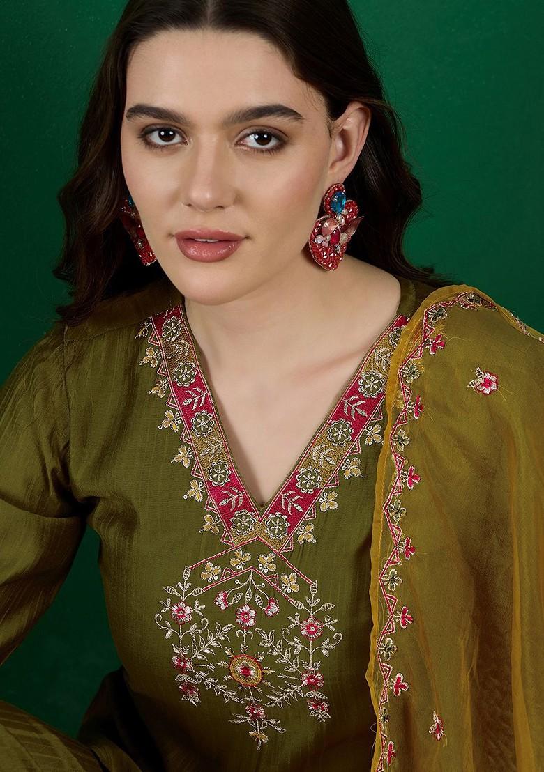 Olive Embroidered Blended Kurta Set - Indya