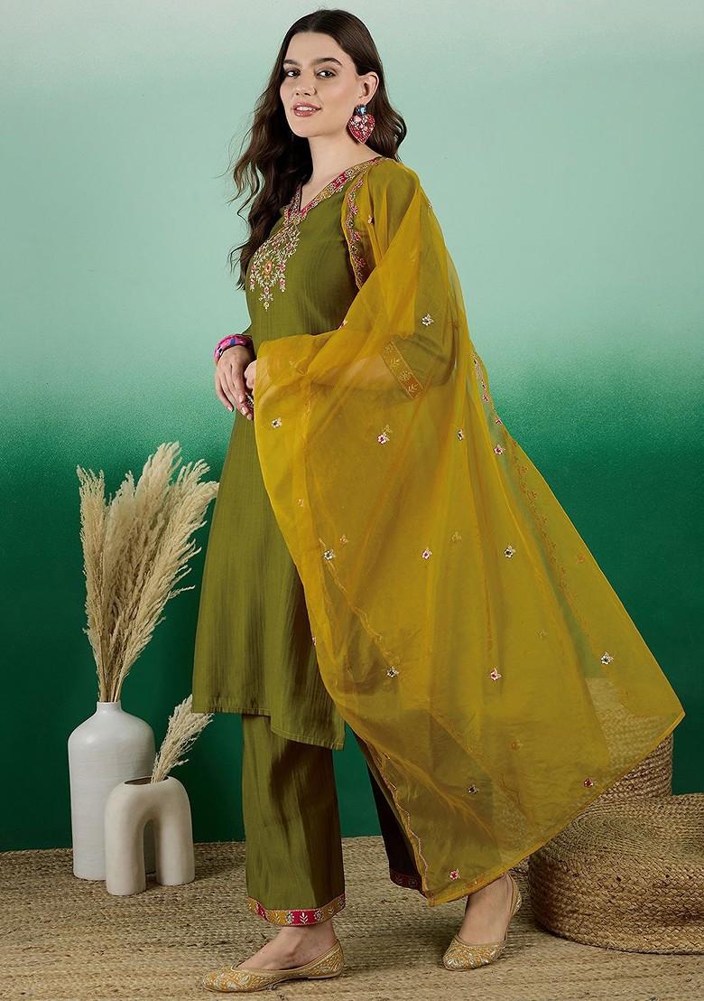 Olive Embroidered Blended Kurta Set - Indya