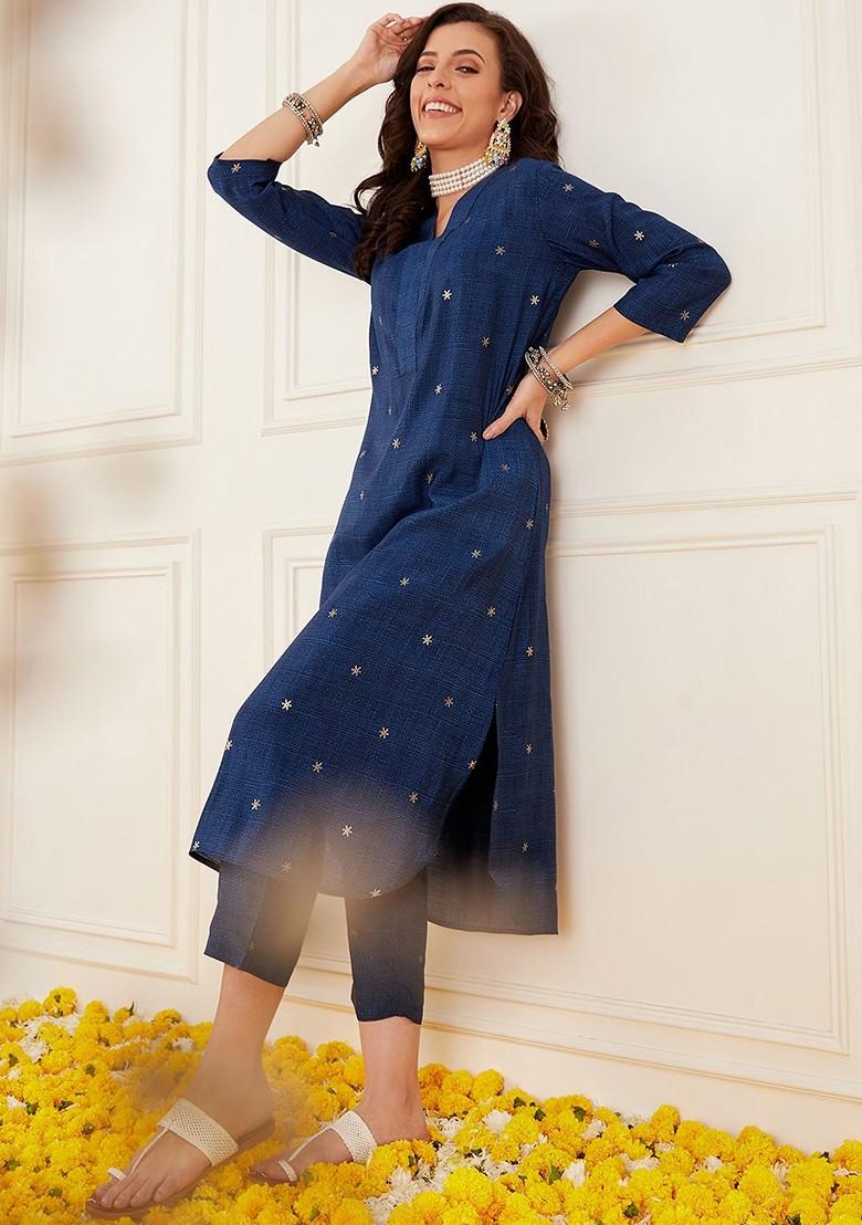 Navy Blue Printed Blended Kurta Set - Indya