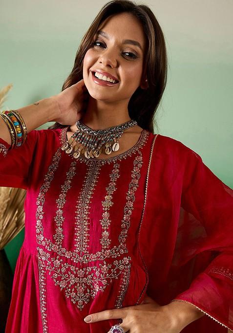 Red Embroidered Blended Kurta Set