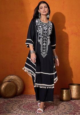 Black Embroidered Blended Kurta Set
