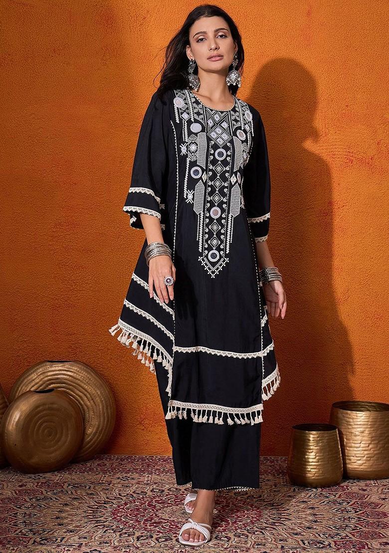 Black Embroidered Blended Kurta Set - Indya