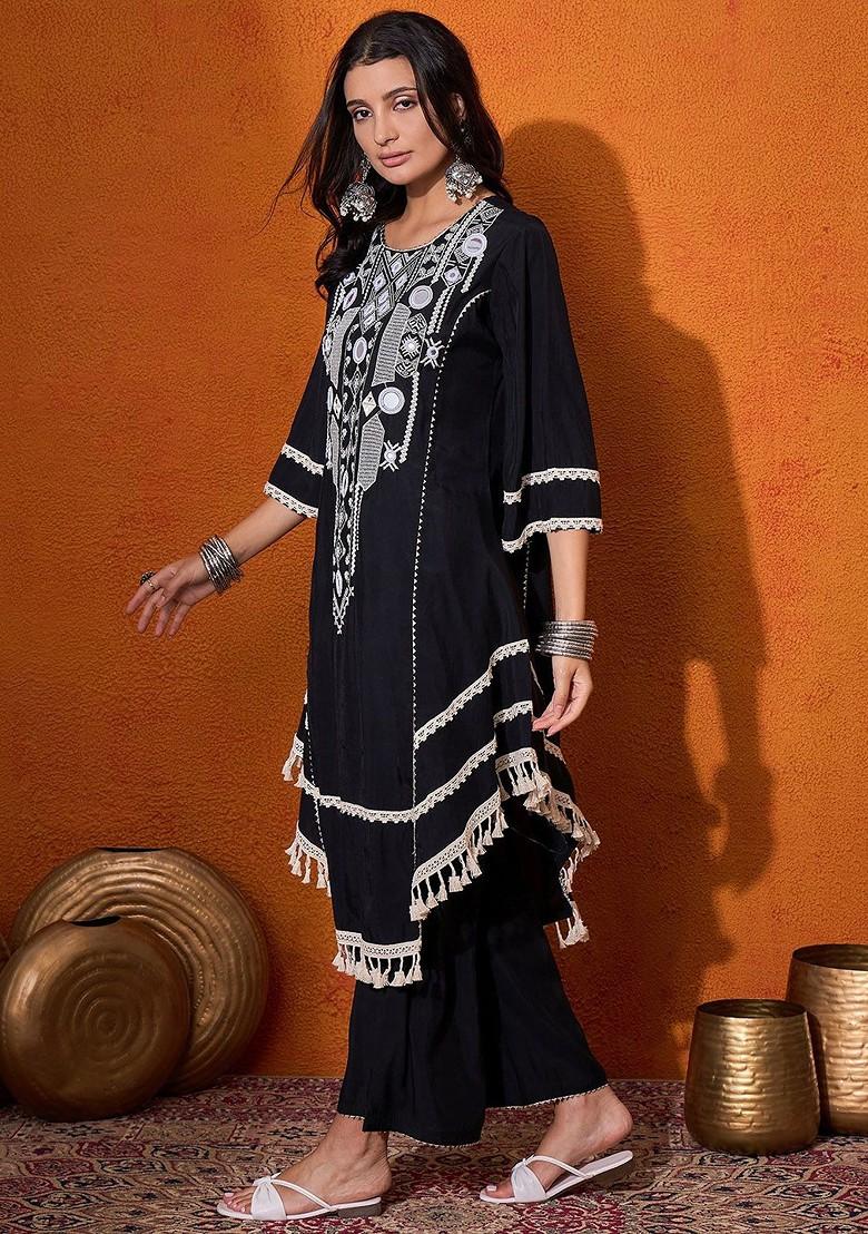Black Embroidered Blended Kurta Set - Indya