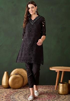 Black Embroidered Blended Kurta Set