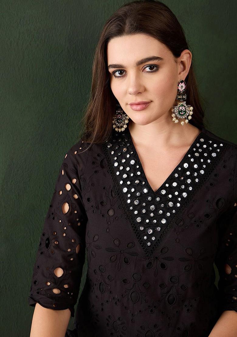 Black Embroidered Blended Kurta Set - Indya