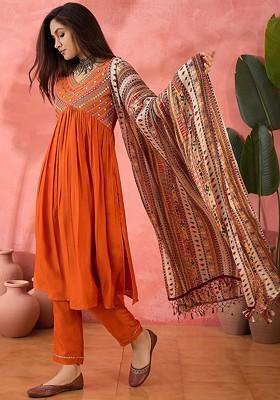 Orange Mirror Work Blended Kurta Set
