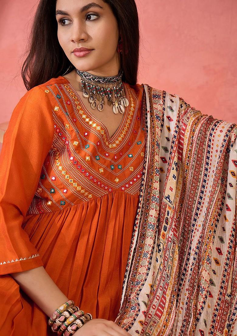 Orange Mirror Work Blended Kurta Set - Indya