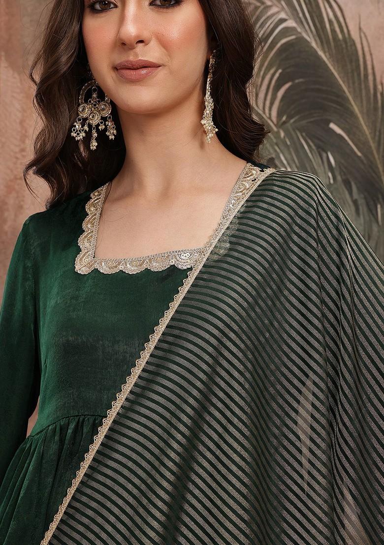 Green Solid Blended Kurta Set - Indya