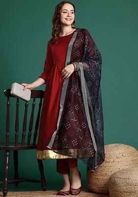 Maroon Solid Blended Kurta Set