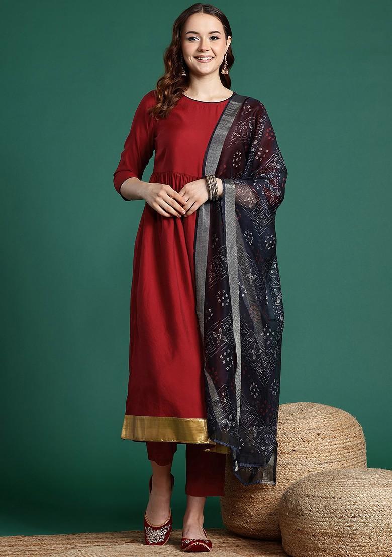 Maroon Solid Blended Kurta Set - Indya