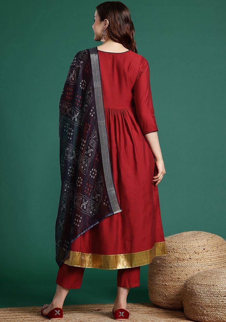 Maroon Solid Blended Kurta Set - Indya