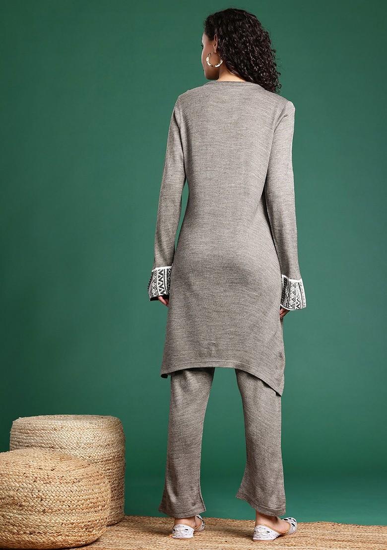 Grey Printed Blended Kurta Set - Indya