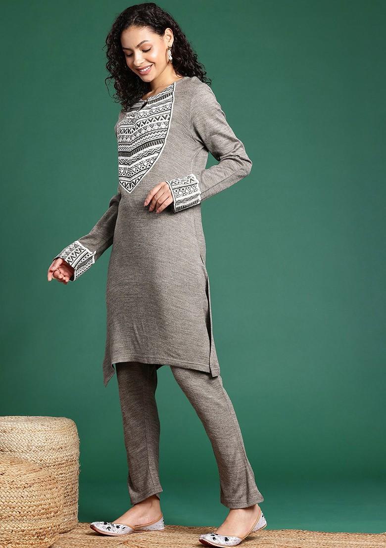 Grey Printed Blended Kurta Set - Indya