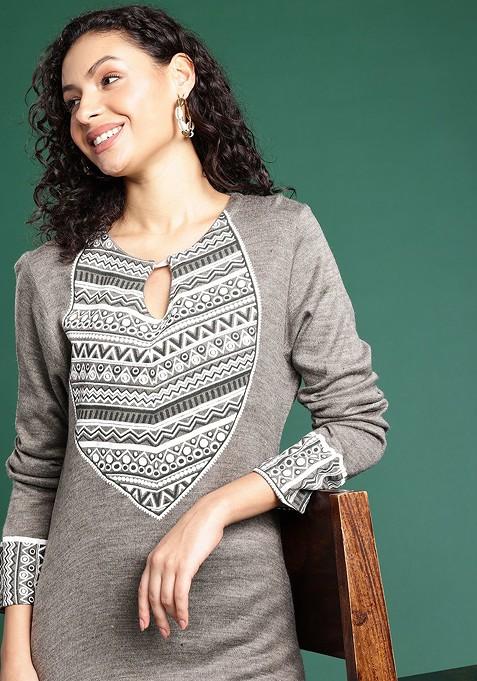 Grey Printed Blended Kurta Set