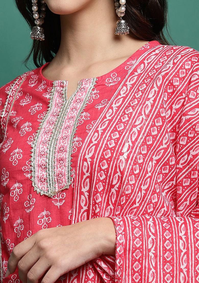 Fuchsia Printed Blended Kurta Set - Indya