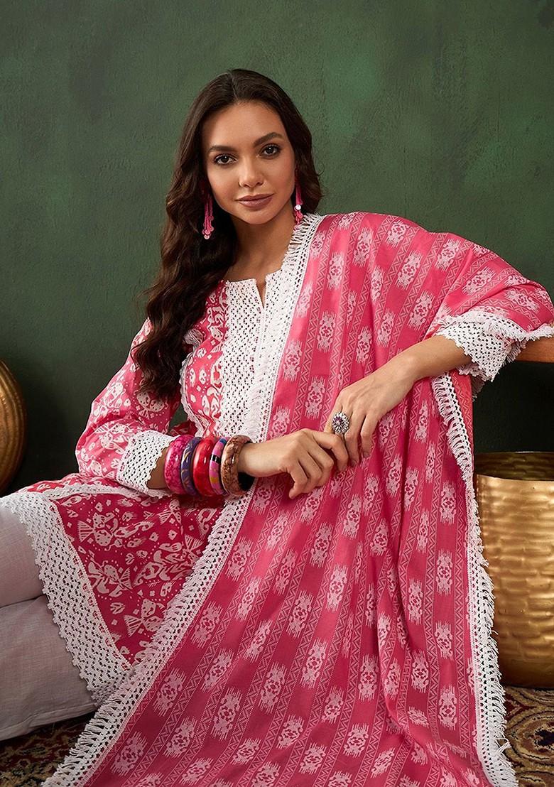 Peach Printed Blended Kurta Set