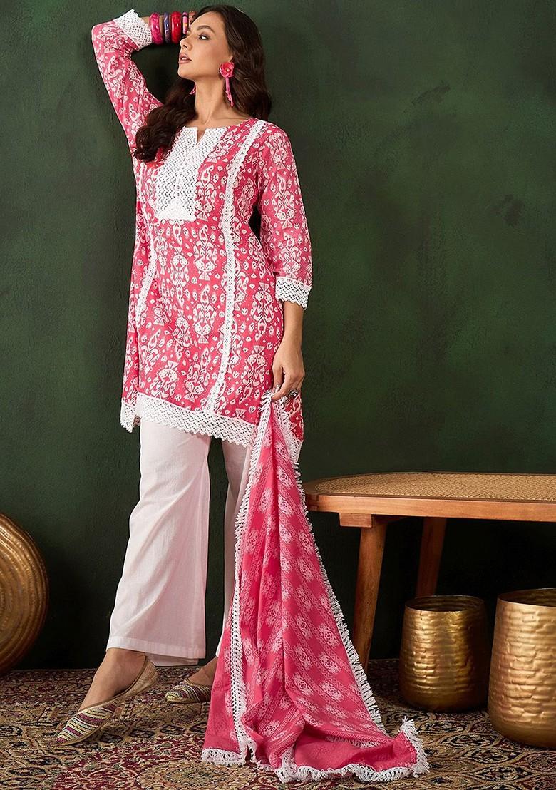 Peach Printed Blended Kurta Set - Indya
