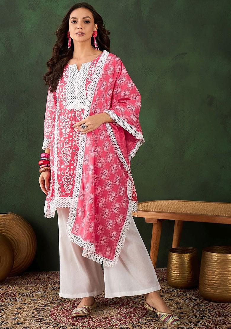 Peach Printed Blended Kurta Set