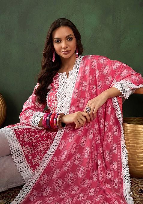 Peach Printed Blended Kurta Set