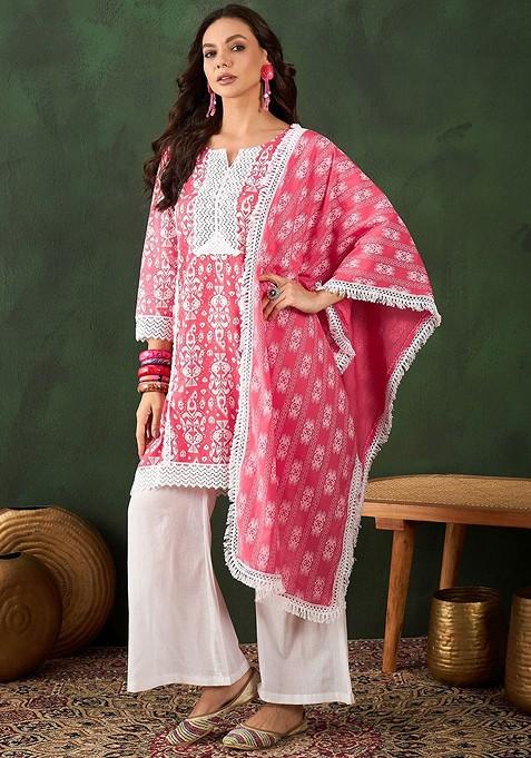 Peach Printed Blended Kurta Set