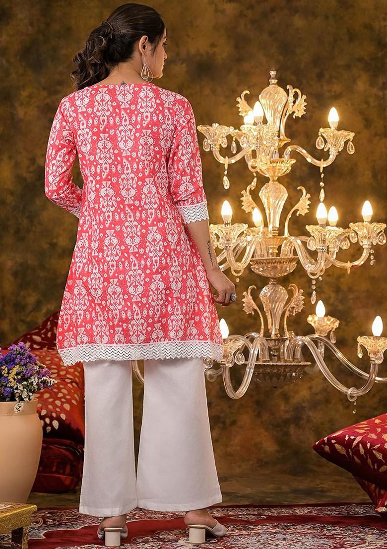 Peach Printed Blended Kurta Set - Indya