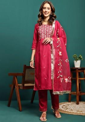 Red Embroidered Blended Kurta Set