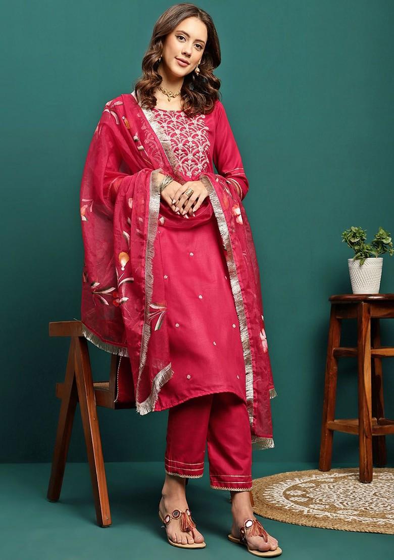 Red Embroidered Blended Kurta Set - Indya