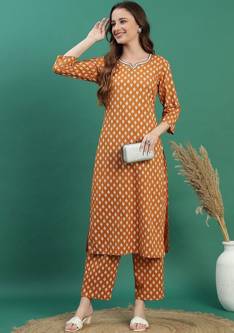 Mustard Printed Blended Kurta Set - Indya