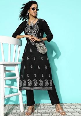Black Embroidered Blended Kurta Set