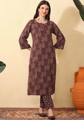 Maroon Printed Blended Kurta Set
