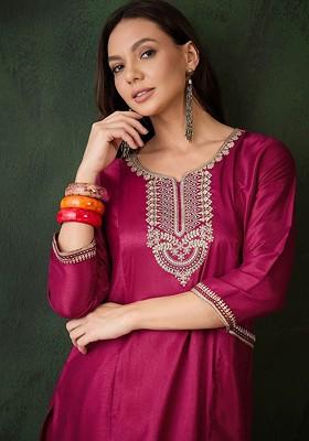 Red Embroidered Blended Kurta Set
