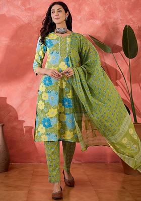 Green Printed Blended Kurta Set