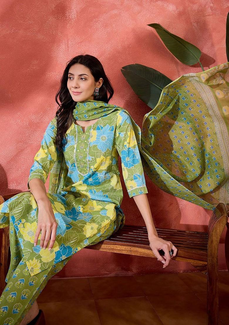 Green Printed Blended Kurta Set - Indya