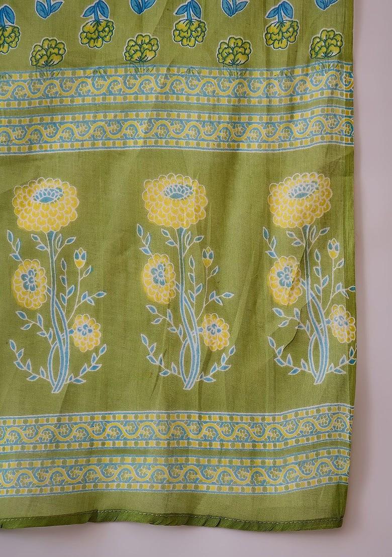 Green Printed Blended Kurta Set - Indya