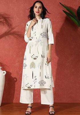 White Printed Blended Kurta Set