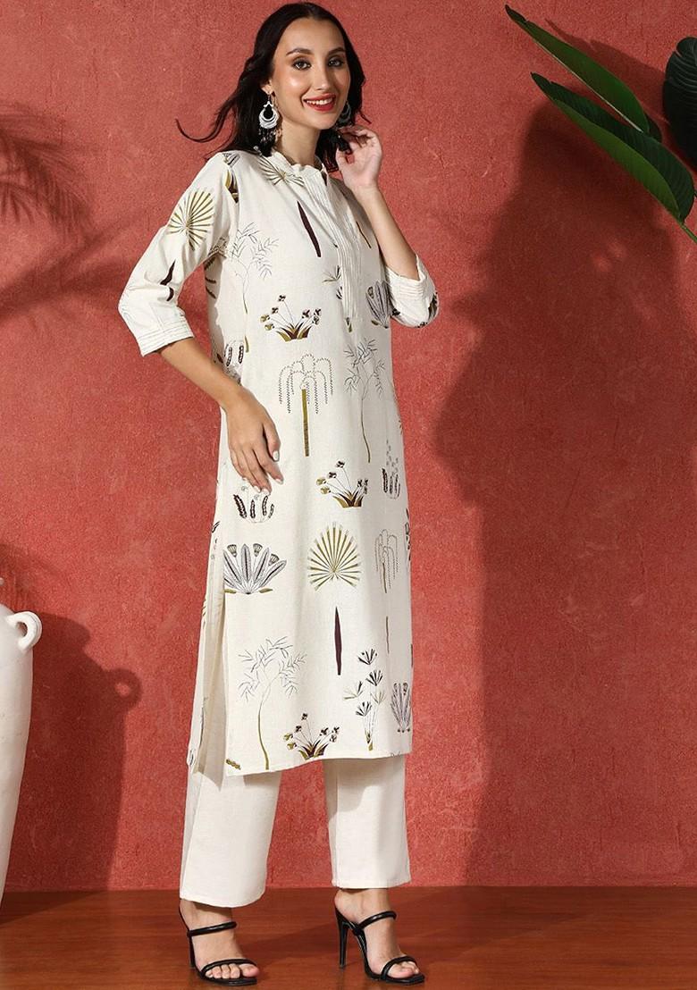 White Printed Blended Kurta Set - Indya