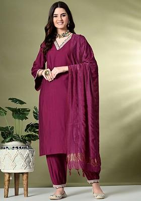Magenta Embroidered Blended Kurta Set