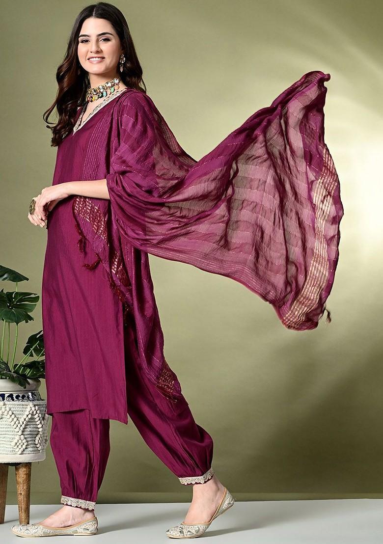 Magenta Embroidered Blended Kurta Set - Indya
