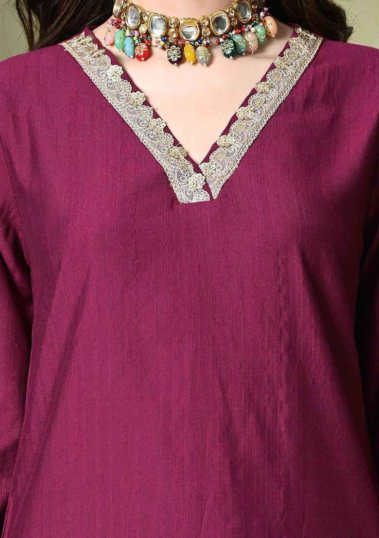 Magenta Embroidered Blended Kurta Set - Indya